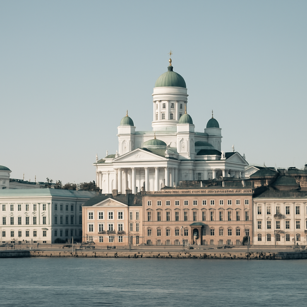 Helsinki skyline with the Helsinki Cathedral overlooking the harbor
